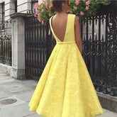 Deep V-neck Homecoming Dress Cute  Tea Length Lace Prom Dress